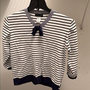 Nautica Women's Navy and White Striped V-Neck Sweater